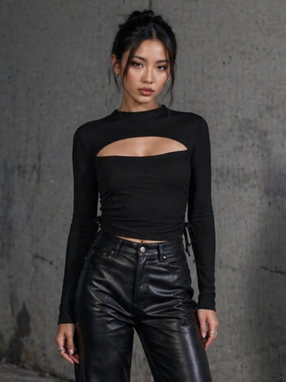 Brooklyn Karma Black Ribbed Cutout Top Long Sleeve Medium
